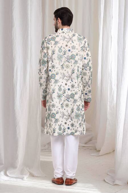 Shop Aham-Vayam White Cotton Embroidery Pushp Kurta With Churidaar at Aza Fashions Shop_Aham-Vayam_White Cotton Embroidery Pushp Kurta With Churidaar_at_Aza_Fashions