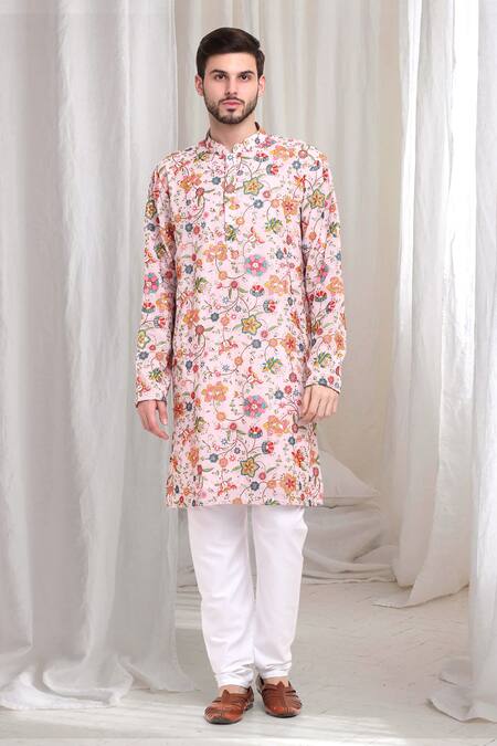 Aham-Vayam Pink Cotton Embroidery Pushp-varsha Kurta With Churidaar Online at Aza Fashions Aham-Vayam_Pink Cotton Embroidery Pushp-varsha Kurta With Churidaar _Online_at_Aza_Fashions