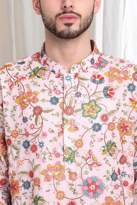 Aham-Vayam Pink Cotton Embroidery Pushp-varsha Kurta With Churidaar at Aza Fashions Aham-Vayam_Pink Cotton Embroidery Pushp-varsha Kurta With Churidaar _at_Aza_Fashions