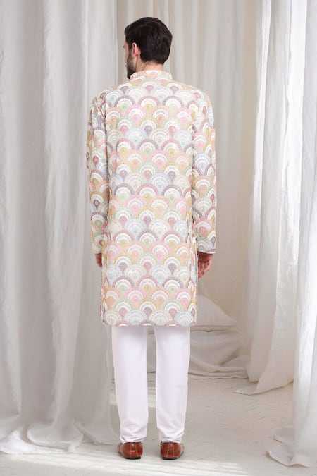 Shop Aham-Vayam Ivory Cotton Sequins, Embroidery Jashn Kurta With Churidaar at Aza Fashions Shop_Aham-Vayam_Ivory Cotton Sequins, Embroidery Jashn Kurta With Churidaar _at_Aza_Fashions