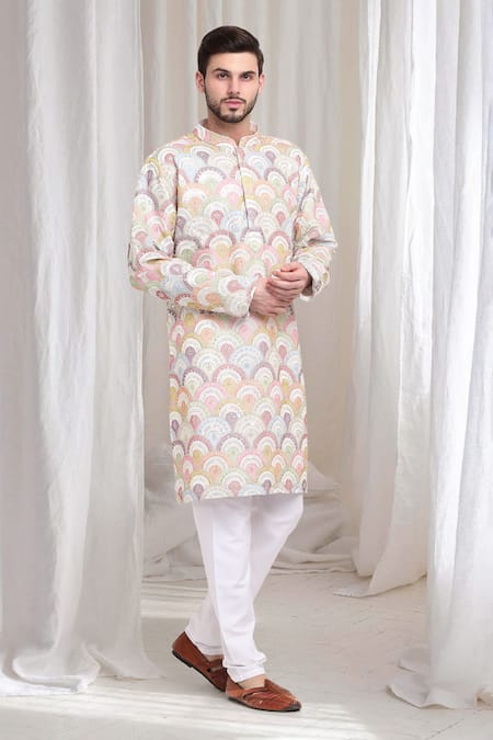 Shop Aham-Vayam Ivory Cotton Sequins, Embroidery Jashn Kurta With Churidaar Online at Aza Fashions Shop_Aham-Vayam_Ivory Cotton Sequins, Embroidery Jashn Kurta With Churidaar _Online_at_Aza_Fashions