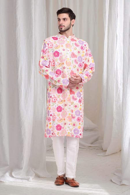 Aham-Vayam Cream Cotton Embroidery Floral Pushp-van Kurta With Pant 