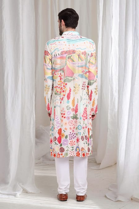 Shop_Aham-Vayam_Cream Cotton Embroidery Van-upwan Kurta With Churidaar _at_Aza_Fashions