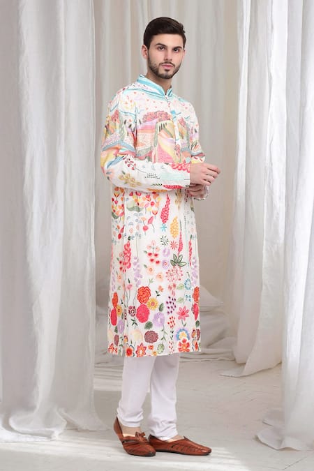 Buy_Aham-Vayam_Cream Cotton Embroidery Van-upwan Kurta With Churidaar _Online_at_Aza_Fashions