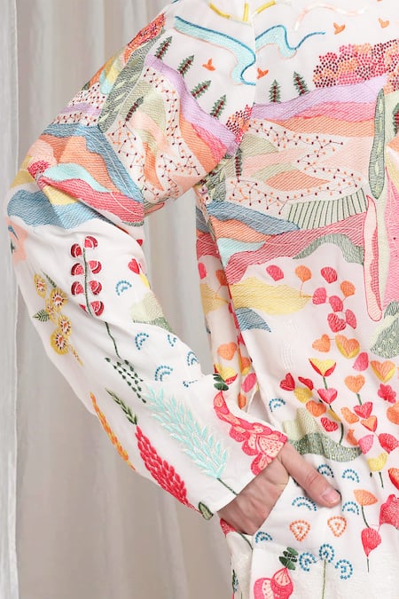 Shop_Aham-Vayam_Cream Cotton Embroidery Van-upwan Kurta With Churidaar _Online_at_Aza_Fashions