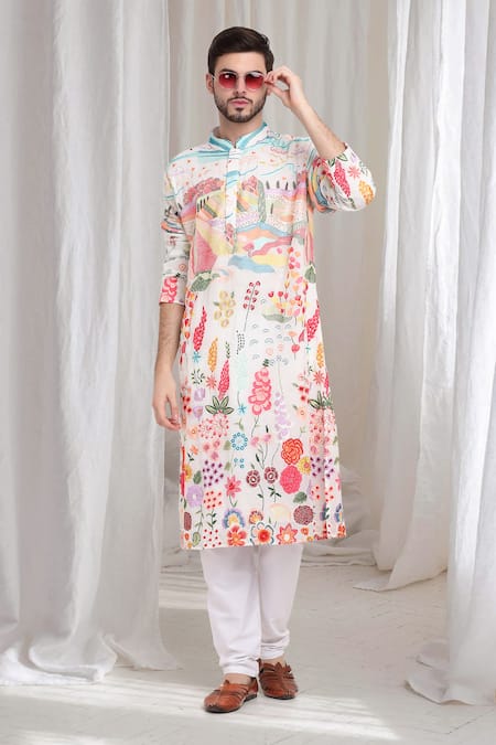 Aham-Vayam_Cream Cotton Embroidery Van-upwan Kurta With Churidaar _at_Aza_Fashions
