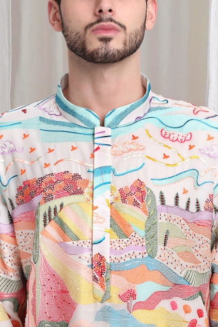 Shop_Aham-Vayam_Cream Cotton Embroidery Van-upwan Kurta With Churidaar 