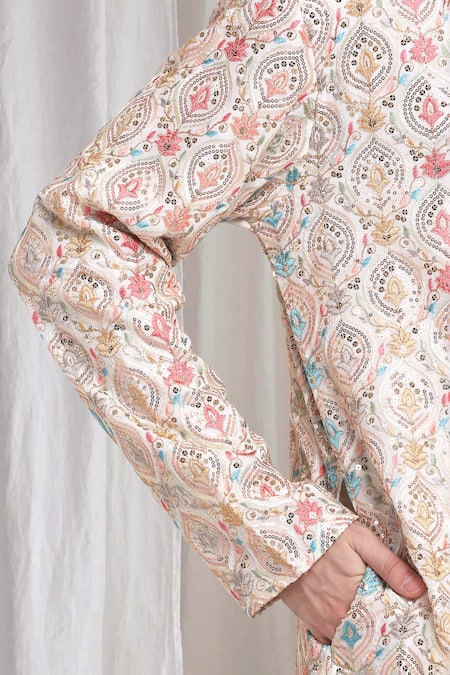 Shop Aham-Vayam Ivory Cotton Sequins, Embroidery Pushp-samaaroh Kurta With Churidaar Online at Aza Fashions Shop_Aham-Vayam_Ivory Cotton Sequins, Embroidery Pushp-samaaroh Kurta With Churidaar _Online_at_Aza_Fashions