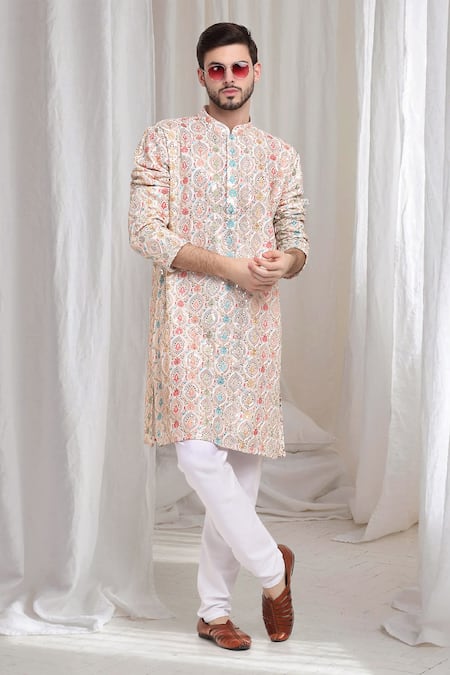 Aham-Vayam Ivory Cotton Sequins, Embroidery Pushp-samaaroh Kurta With Churidaar at Aza Fashions Aham-Vayam_Ivory Cotton Sequins, Embroidery Pushp-samaaroh Kurta With Churidaar _at_Aza_Fashions