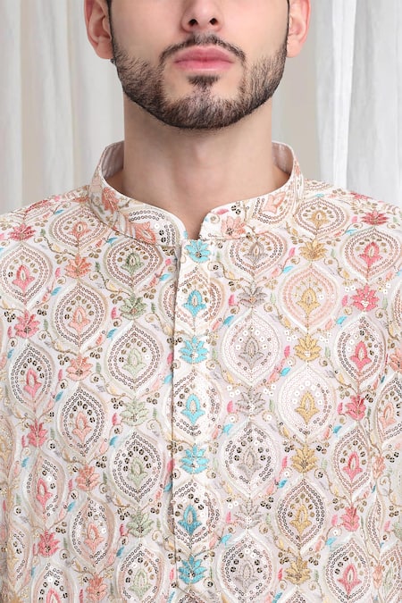 Buy Aham-Vayam Ivory Cotton Sequins, Embroidery Pushp-samaaroh Kurta With Churidaar Buy_Aham-Vayam_Ivory Cotton Sequins, Embroidery Pushp-samaaroh Kurta With Churidaar