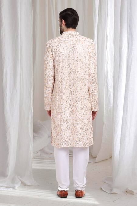 Shop_Aham-Vayam_Ivory Cotton Sequins, Embroidery Phool Kurta With Churidaar _at_Aza_Fashions