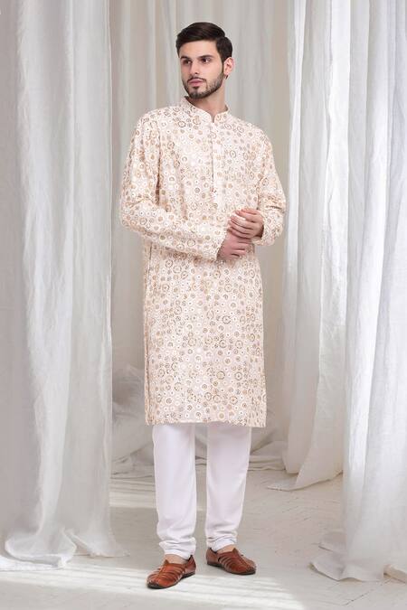 Buy_Aham-Vayam_Ivory Cotton Sequins, Embroidery Phool Kurta With Churidaar _Online_at_Aza_Fashions