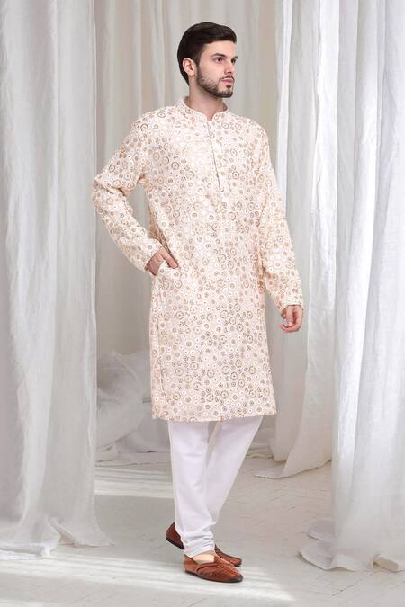 Shop_Aham-Vayam_Ivory Cotton Sequins, Embroidery Phool Kurta With Churidaar _Online_at_Aza_Fashions