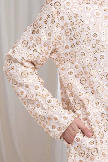 Aham-Vayam_Ivory Cotton Sequins, Embroidery Phool Kurta With Churidaar _at_Aza_Fashions