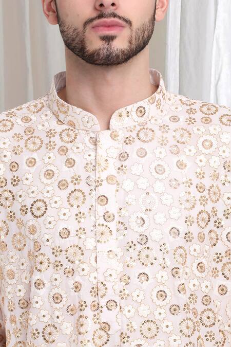 Buy_Aham-Vayam_Ivory Cotton Sequins, Embroidery Phool Kurta With Churidaar 