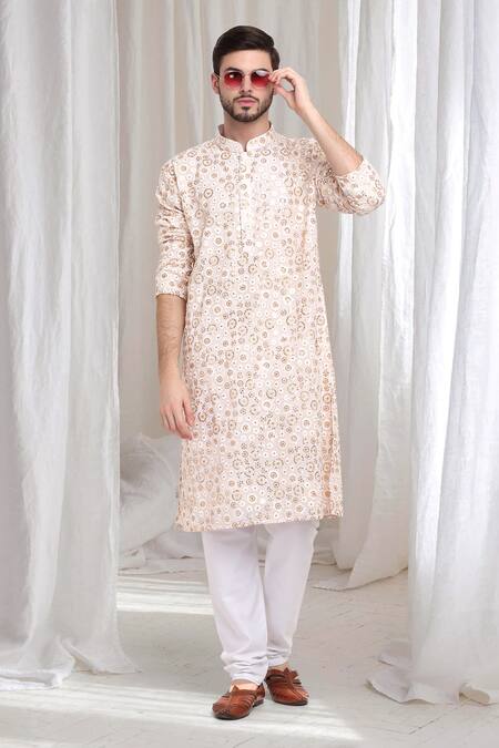 Shop_Aham-Vayam_Ivory Cotton Sequins, Embroidery Phool Kurta With Churidaar 