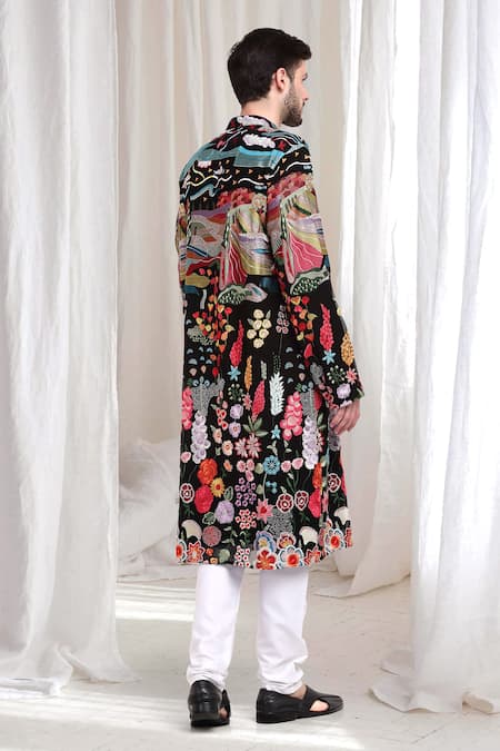 Shop_Aham-Vayam_Black Cotton Embroidery, Sequins Van-upwan Kurta With Churidaar _at_Aza_Fashions