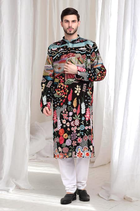 Buy_Aham-Vayam_Black Cotton Embroidery, Sequins Van-upwan Kurta With Churidaar _Online_at_Aza_Fashions