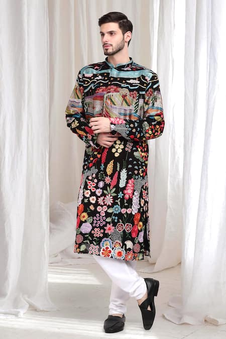 Shop_Aham-Vayam_Black Cotton Embroidery, Sequins Van-upwan Kurta With Churidaar _Online_at_Aza_Fashions