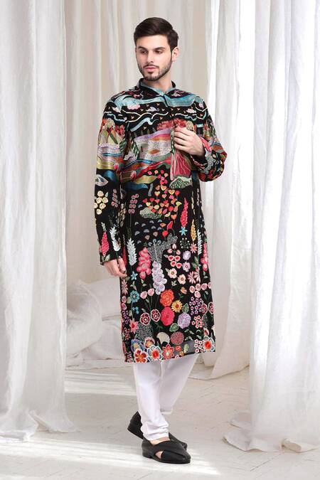 Aham-Vayam_Black Cotton Embroidery, Sequins Van-upwan Kurta With Churidaar _at_Aza_Fashions