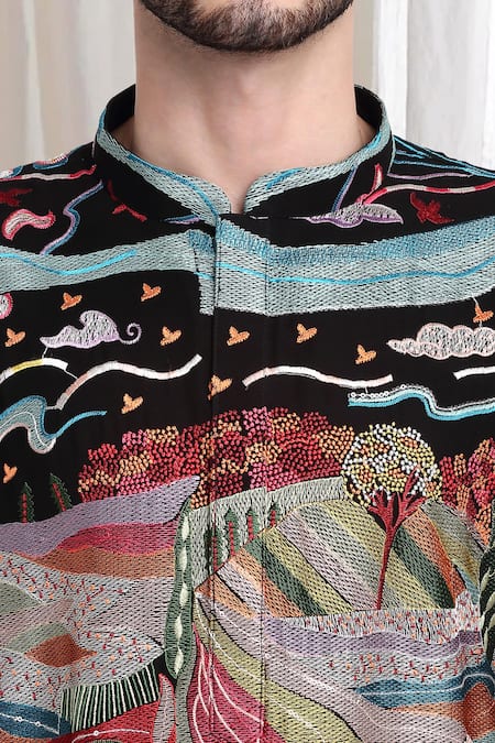 Buy_Aham-Vayam_Black Cotton Embroidery, Sequins Van-upwan Kurta With Churidaar 