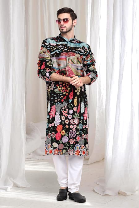 Shop_Aham-Vayam_Black Cotton Embroidery, Sequins Van-upwan Kurta With Churidaar 