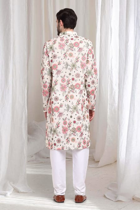 Shop Aham-Vayam White Cotton Embroidery Pushp Kurta With Churidaar at Aza Fashions Shop_Aham-Vayam_White Cotton Embroidery Pushp Kurta With Churidaar _at_Aza_Fashions