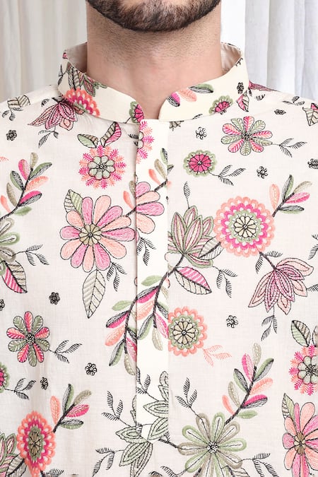 Buy Aham-Vayam White Cotton Embroidery Pushp Kurta With Churidaar Buy_Aham-Vayam_White Cotton Embroidery Pushp Kurta With Churidaar