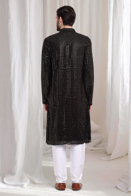 Shop Aham-Vayam Black Cotton Sequins Harshit Embroidered Kurta With Churidaar at Aza Fashions Shop_Aham-Vayam_Black Cotton Sequins Harshit Embroidered Kurta With Churidaar _at_Aza_Fashions