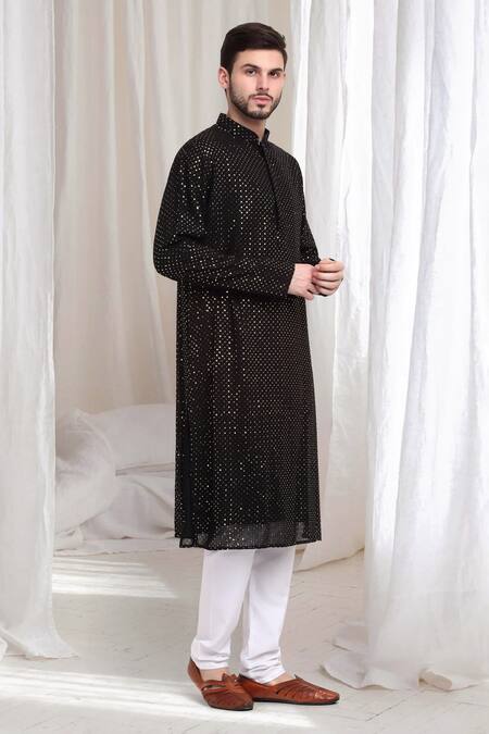 Shop Aham-Vayam Black Cotton Sequins Harshit Embroidered Kurta With Churidaar Online at Aza Fashions Shop_Aham-Vayam_Black Cotton Sequins Harshit Embroidered Kurta With Churidaar _Online_at_Aza_Fashions
