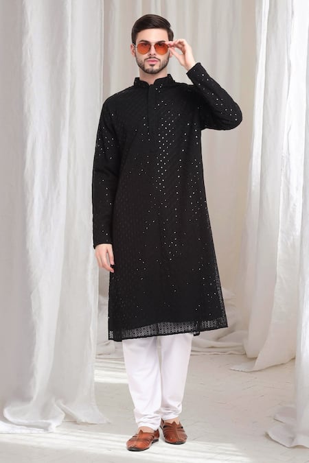 Aham-Vayam Black Cotton Embroidery Thread Shubh Kurta With Churidaar 