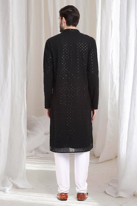 Shop Aham-Vayam Black Cotton Sequins, Embroidery Shubh Kurta With Churidaar at Aza Fashions Shop_Aham-Vayam_Black Cotton Sequins, Embroidery Shubh Kurta With Churidaar _at_Aza_Fashions
