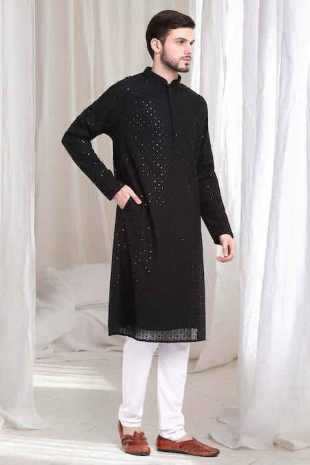 Shop Aham-Vayam Black Cotton Sequins, Embroidery Shubh Kurta With Churidaar Online at Aza Fashions Shop_Aham-Vayam_Black Cotton Sequins, Embroidery Shubh Kurta With Churidaar _Online_at_Aza_Fashions