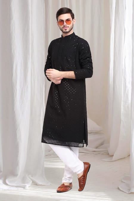 Buy Aham-Vayam Black Cotton Sequins, Embroidery Shubh Kurta With Churidaar Buy_Aham-Vayam_Black Cotton Sequins, Embroidery Shubh Kurta With Churidaar