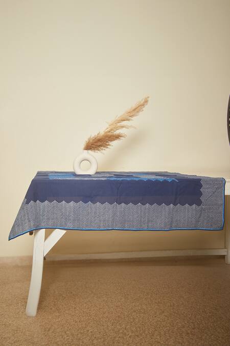 Shop Inheritance India Blue 100% Cotton Wave Shaded Print Table Cover at Aza Fashions Shop_Inheritance India_Blue 100% Cotton Wave Shaded Print Table Cover_at_Aza_Fashions