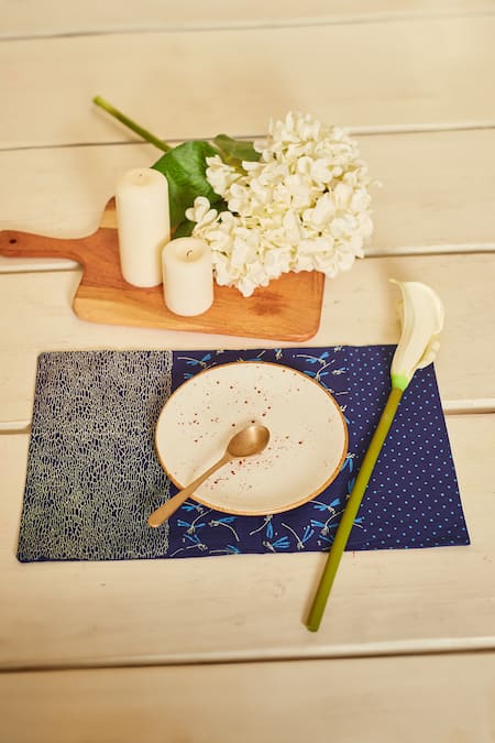 Inheritance India Blue 100% Cotton Dragon Fly Print 4 Pcs Table Mats 