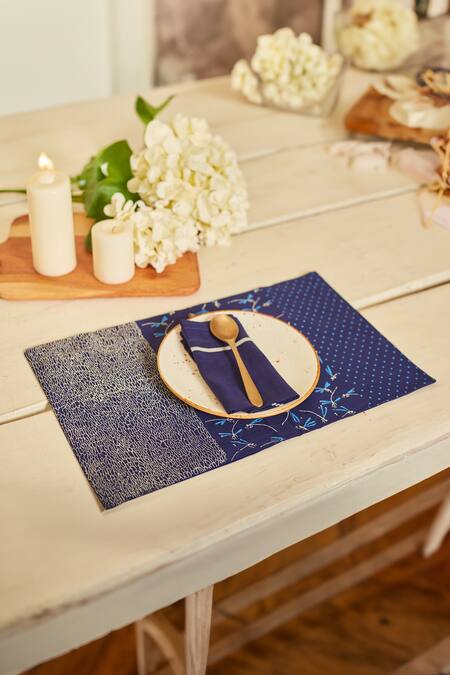 Shop Inheritance India Blue 100% Cotton Dragon Fly Print 4 Pcs Table Mats at Aza Fashions Shop_Inheritance India_Blue 100% Cotton Dragon Fly Print 4 Pcs Table Mats_at_Aza_Fashions