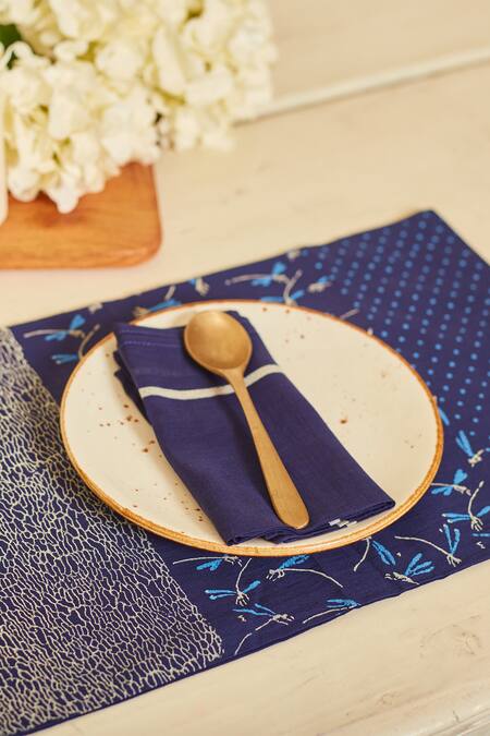 Inheritance India Blue 100% Cotton Dragon Fly Print 4 Pcs Table Mats Online at Aza Fashions Inheritance India_Blue 100% Cotton Dragon Fly Print 4 Pcs Table Mats_Online_at_Aza_Fashions
