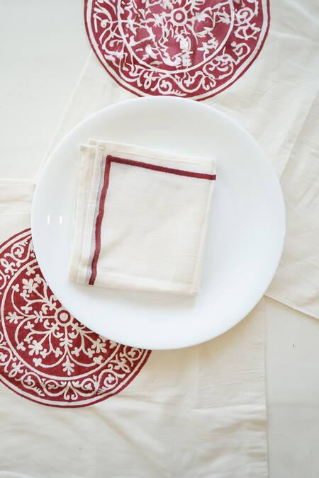Buy_Inheritance India_White 100% Cotton Rangoli Pattern Table Mat And Napkin Set_Online_at_Aza_Fashions