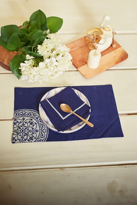 Inheritance India Blue 100% Cotton Rangoli Work Table Mat And Napkin Set 