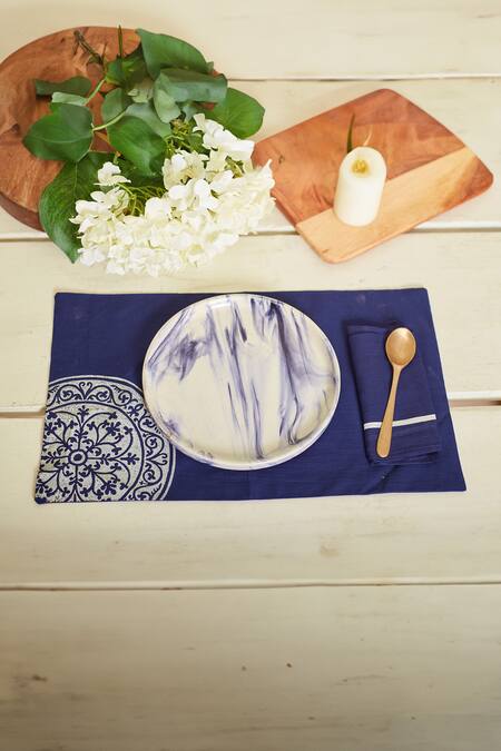 Shop Inheritance India Blue 100% Cotton Rangoli Work Table Mat And Napkin Set at Aza Fashions Shop_Inheritance India_Blue 100% Cotton Rangoli Work Table Mat And Napkin Set_at_Aza_Fashions