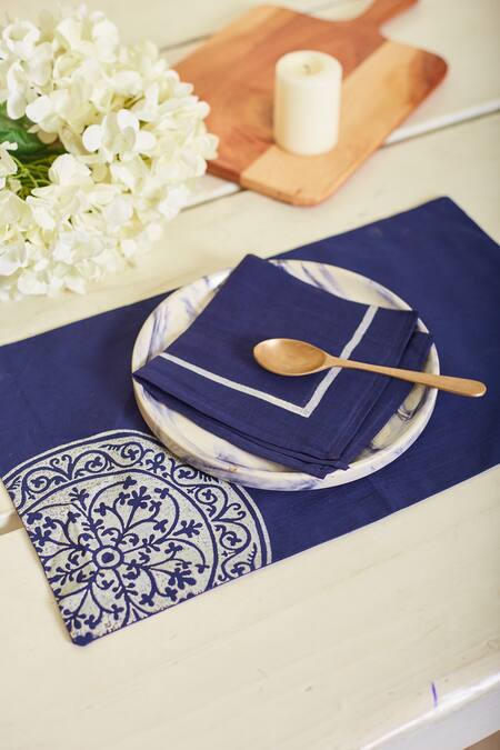 Inheritance India Blue 100% Cotton Rangoli Work Table Mat And Napkin Set Online at Aza Fashions Inheritance India_Blue 100% Cotton Rangoli Work Table Mat And Napkin Set_Online_at_Aza_Fashions