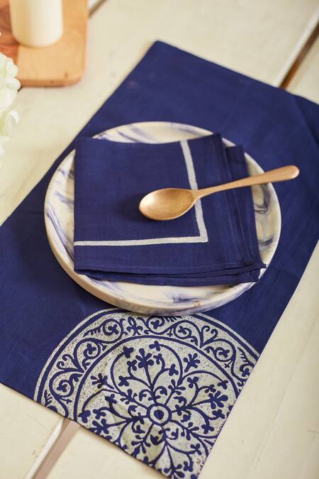 Buy Inheritance India Blue 100% Cotton Rangoli Work Table Mat And Napkin Set Online at Aza Fashions Buy_Inheritance India_Blue 100% Cotton Rangoli Work Table Mat And Napkin Set_Online_at_Aza_Fashions