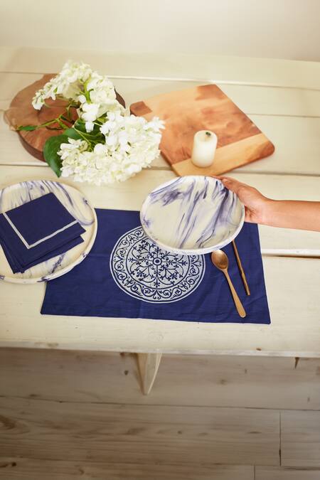 Shop Inheritance India Blue 100% Cotton Rangoli Work Table Mat And Napkin Set Online at Aza Fashions Shop_Inheritance India_Blue 100% Cotton Rangoli Work Table Mat And Napkin Set_Online_at_Aza_Fashions