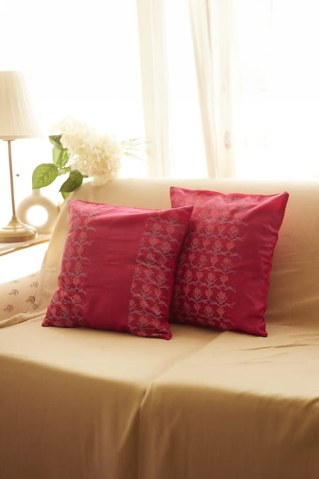 Buy_Inheritance India_Pink 100% Cotton Floral Mughal Print 2 Pcs Cushion Covers_Online_at_Aza_Fashions
