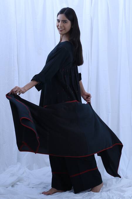 Khat_Black Cotton, Chanderi Silk Round Neck Polka Dot Pattern Kurta Pant Set _Online_at_Aza_Fashions