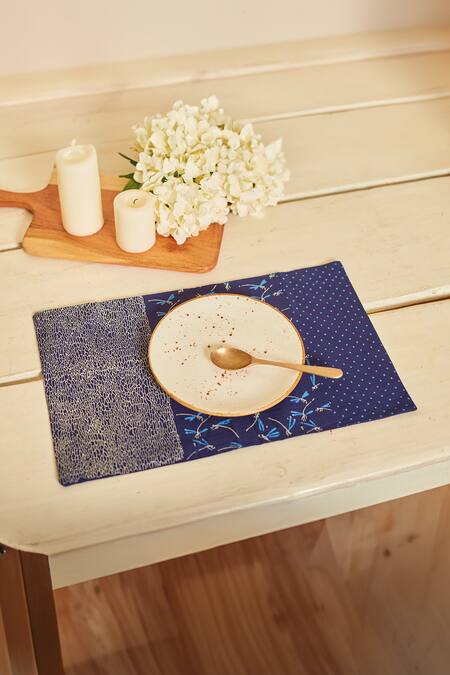 Inheritance India Blue 100% Cotton Abstract, Polka Dots, Dragon Block Print Table Mat And Napkin Set Online at Aza Fashions Inheritance India_Blue 100% Cotton Abstract, Polka Dots, Dragon Block Print Table Mat And Napkin Set_Online_at_Aza_Fashions