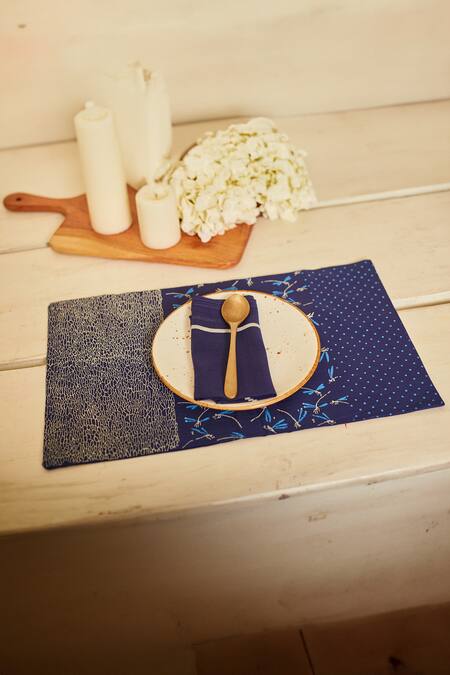 Buy Inheritance India Blue 100% Cotton Abstract, Polka Dots, Dragon Block Print Table Mat And Napkin Set Online at Aza Fashions Buy_Inheritance India_Blue 100% Cotton Abstract, Polka Dots, Dragon Block Print Table Mat And Napkin Set_Online_at_Aza_Fashions