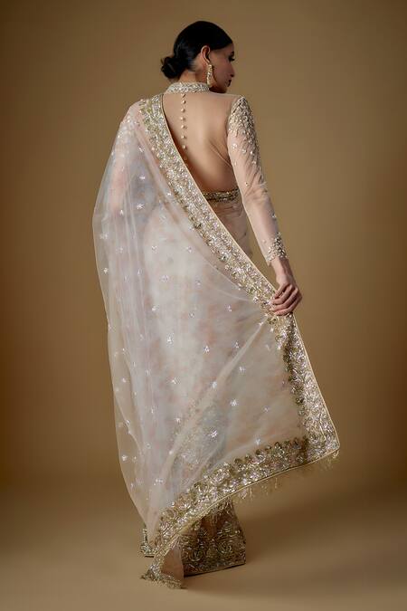 Shop FATIZ Gold Tulle Sequins, Zari, Crystals High Neck Hand Embroidered Saree Set at Aza Fashions Shop_FATIZ_Gold Tulle Sequins, Zari, Crystals High Neck Hand Embroidered Saree Set_at_Aza_Fashions