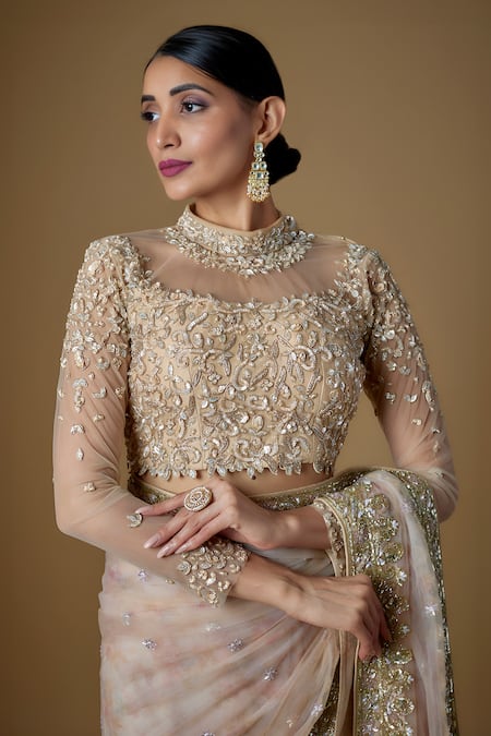 FATIZ Gold Tulle Sequins, Zari, Crystals High Neck Hand Embroidered Saree Set Online at Aza Fashions FATIZ_Gold Tulle Sequins, Zari, Crystals High Neck Hand Embroidered Saree Set_Online_at_Aza_Fashions